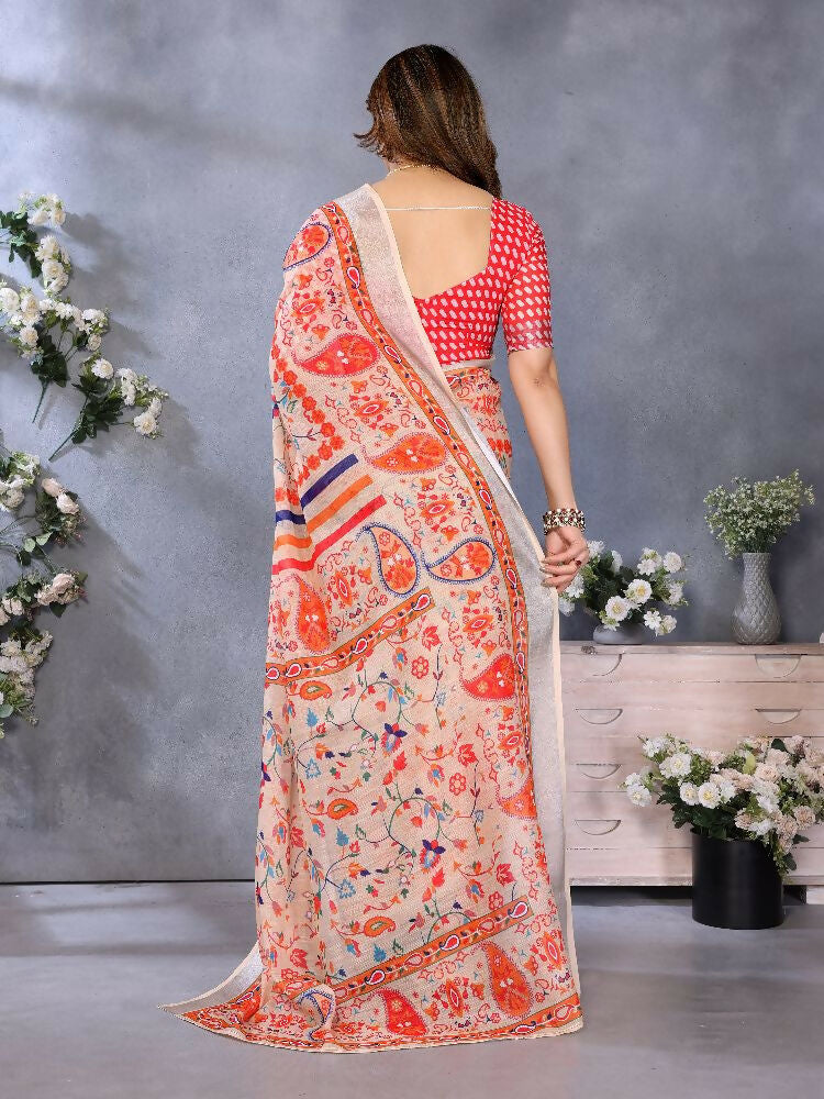 PR Fashion Orange Handloom Linen Cotton Saree | Grocsy
