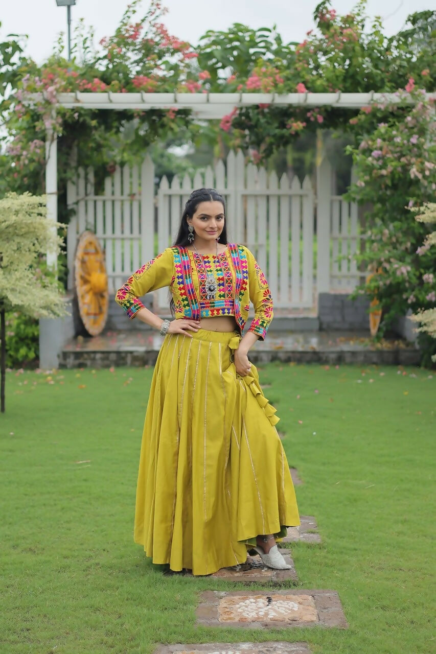 Teeya Creation Parrot Green Colour Roman Silk With Gamathi Work Navratri Lehenga Choli | Grocsy