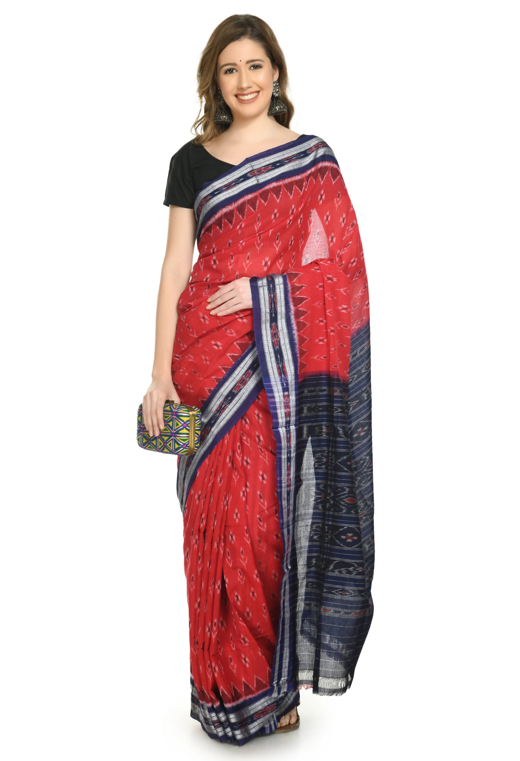Vamika Sambalpuri Ikat Cotton Dehabandha Badafula Red & Blue Saree | Grocsy