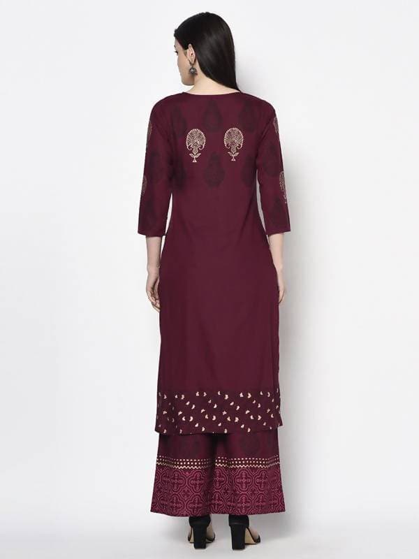 Aniyah Rayon Wine Color Block Print Straight Kurta Palazzo Set (AN-174K) | Grocsy