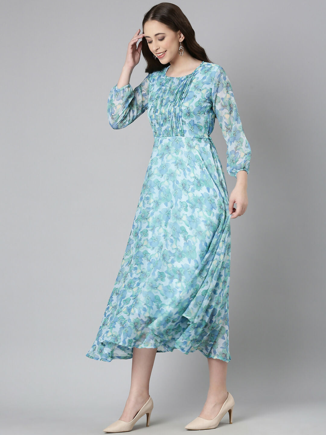 Souchii Blue Floral Chiffon Maxi Dress | Grocsy