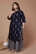 Miravan Women's Plus Size Navy Blue Printed Pure Cotton Kurta With Sharara | Grocsy