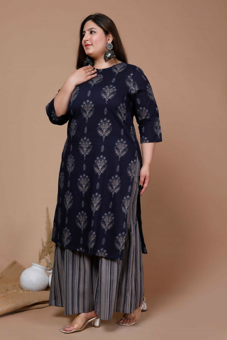 Miravan Women's Plus Size Navy Blue Printed Pure Cotton Kurta With Sharara | Grocsy