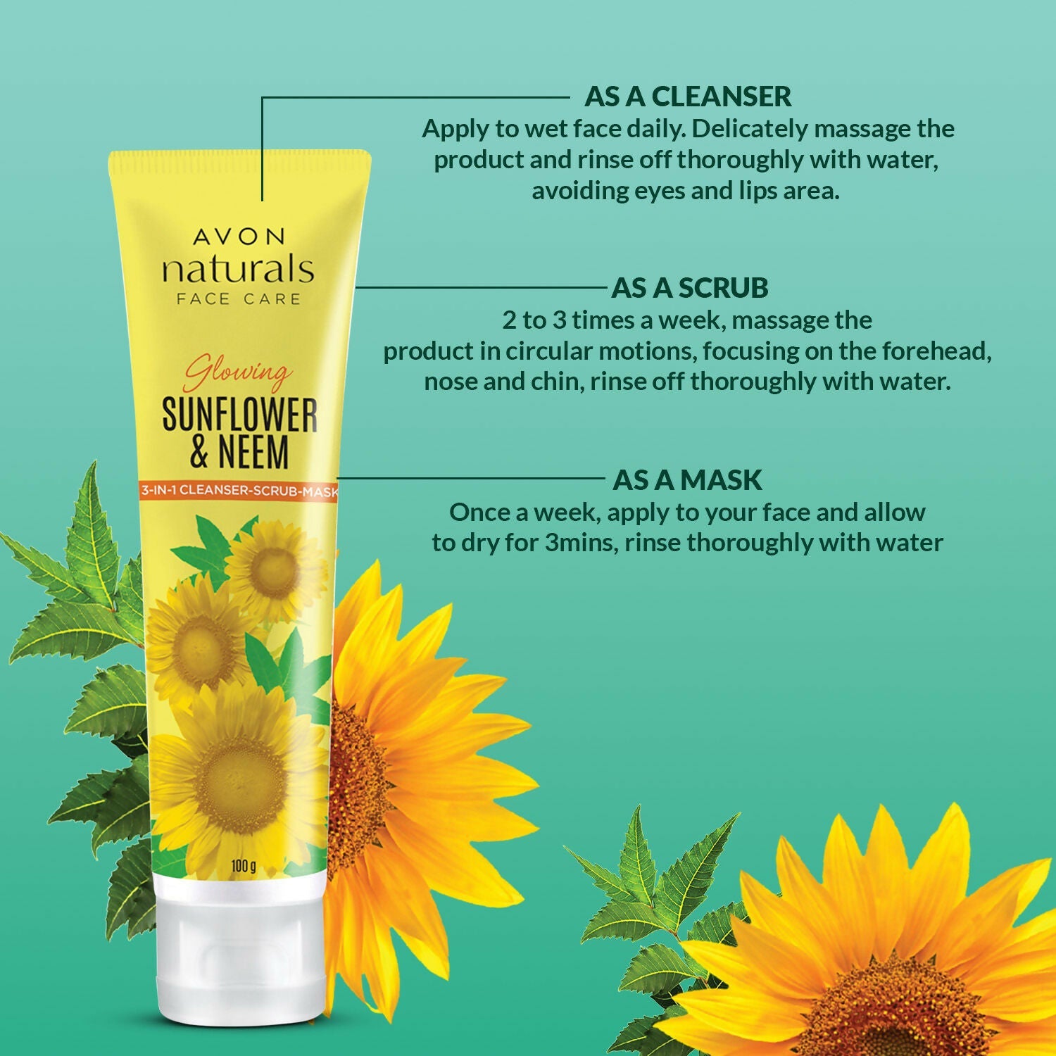Avon Naturals Sunflower & Neem 3 In 1 Cleanser Scrub Mask | Grocsy
