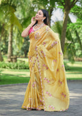 Teeya Creation Yellow Color Pure Paper Silk Heavy Embroidery Work Wedding Wear Saree | Grocsy