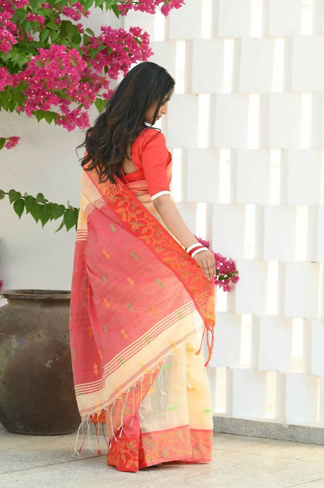 Beatitude Yellow Slub Cotton Floral Jamdani Saree | Grocsy