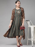 Yufta Teal Green & Coffee Brown Striped Yoke Embroidered Midi A-Line Dress & Ethnic Jacket | Grocsy