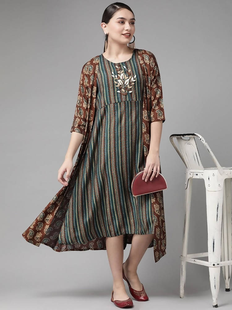 Yufta Teal Green & Coffee Brown Striped Yoke Embroidered Midi A-Line Dress & Ethnic Jacket | Grocsy