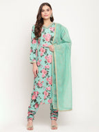 Ahalyaa Women Green Floral Printed Regular Kurta Churidar Set & With Dupatta | Grocsy