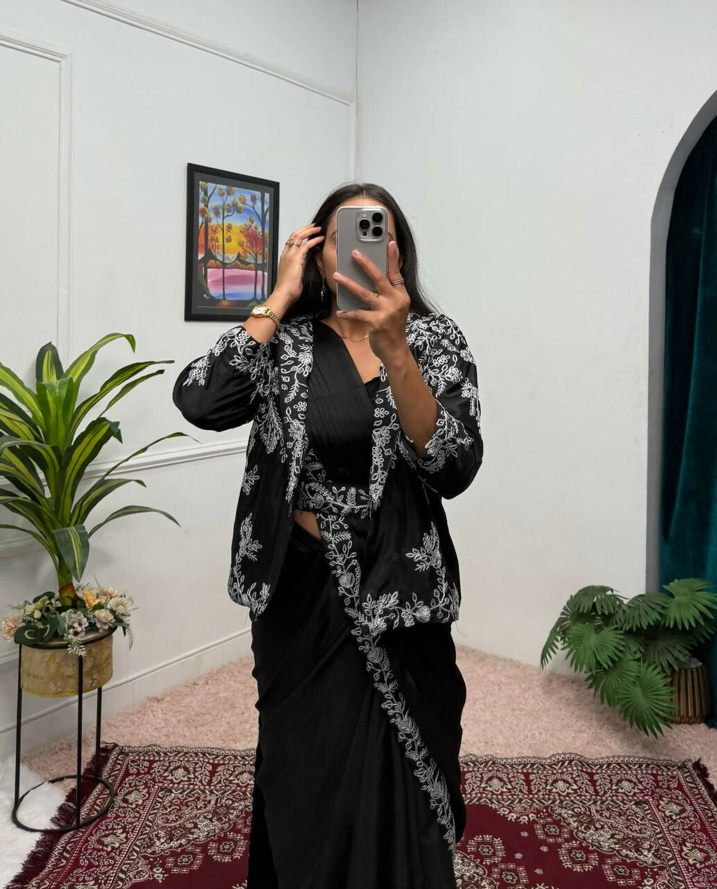 Teeya Creation Black Color Chinon Silk Wedding Wear Ready To Wear Saree With Koti | Grocsy