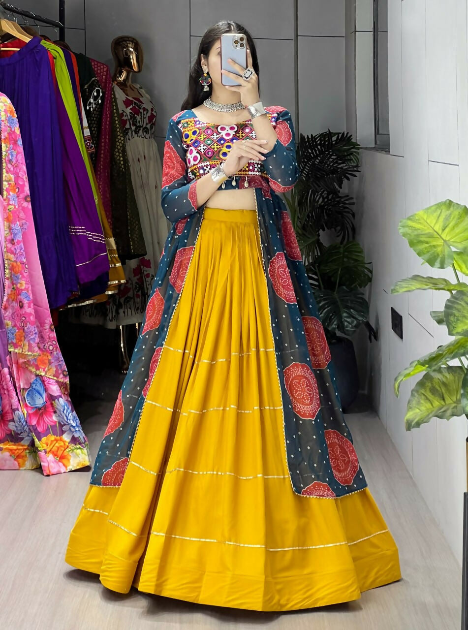 Yash Enterprise Mustard Rama Rayon Cotton Embroidery Semi Stitched Navratri Chaniya Choli | Grocsy
