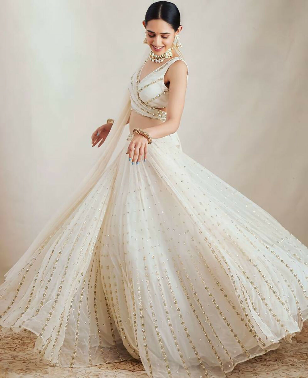 Jyoti Fashion Graceful Off White Sequence With Zari Embroidered Georgette Lehenga Choli with Dupatta | Grocsy
