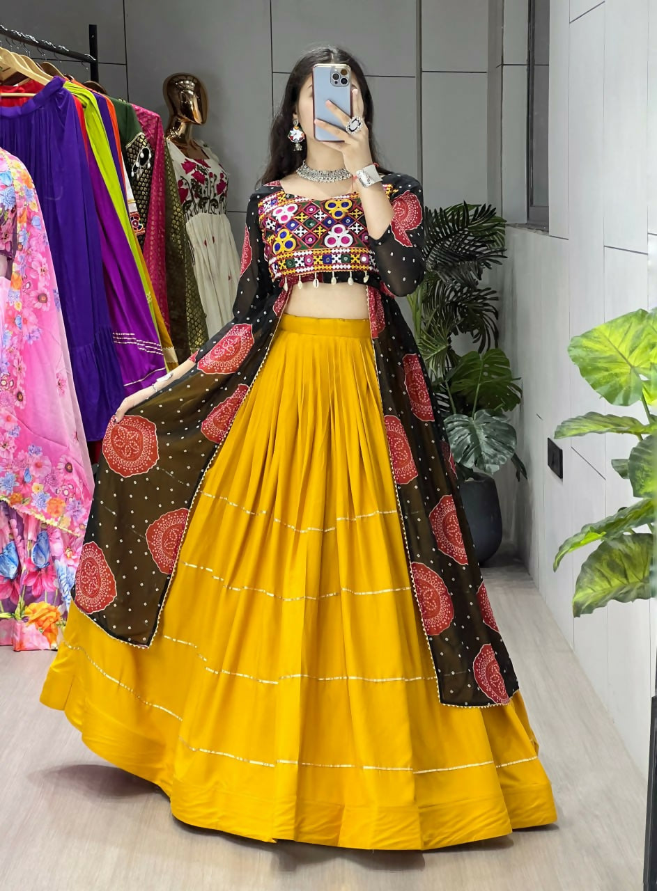 Yash Enterprise Mustard Black Rayon Cotton Embroidery Semi Stitched Navratri Chaniya Choli | Grocsy