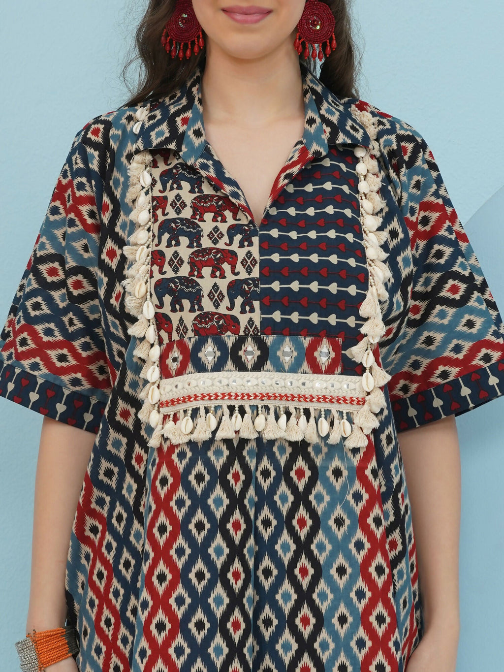 Joban Fashion Ikkat Kaftan Set - Blue Red | Grocsy
