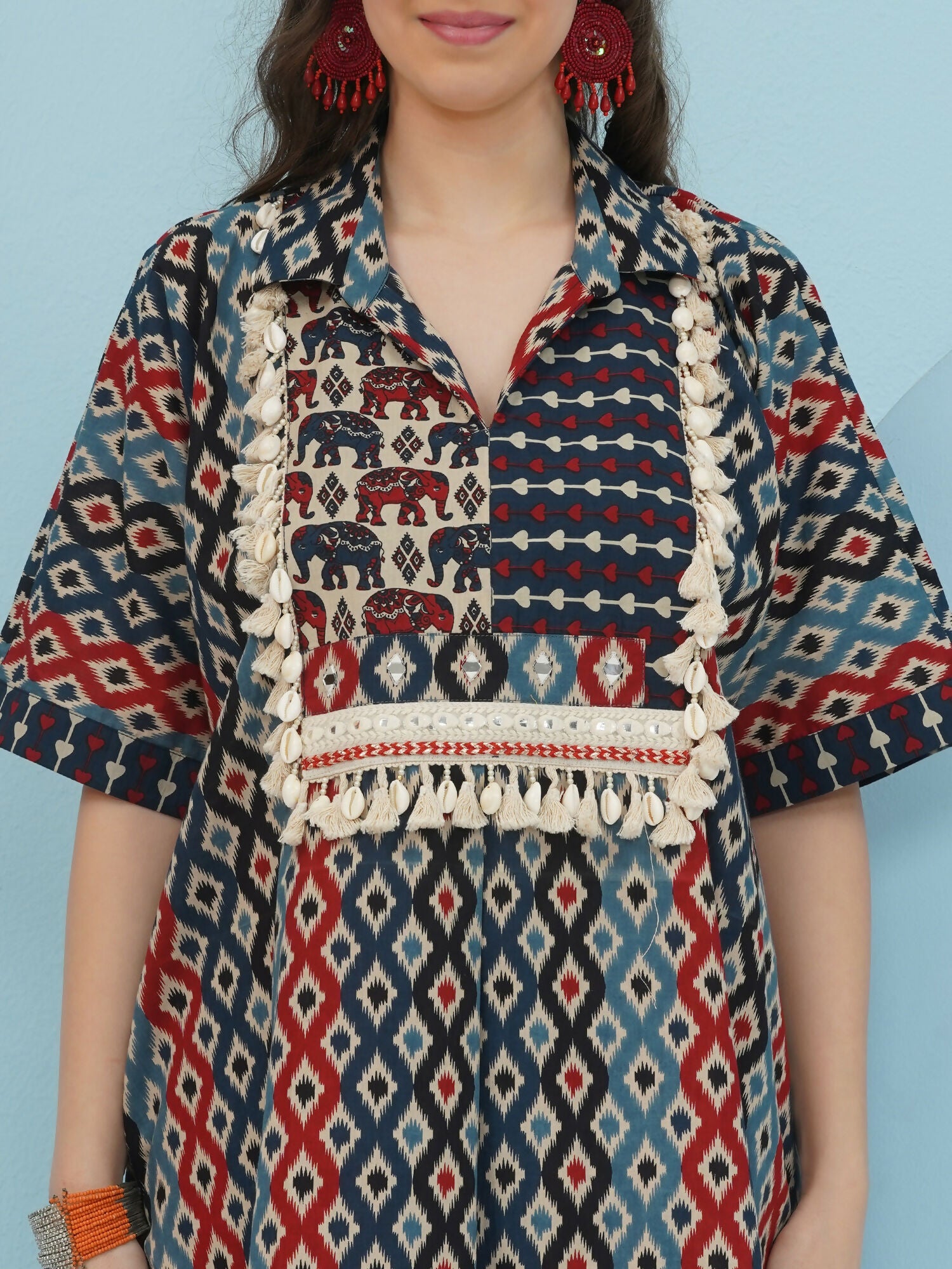 Joban Fashion Ikkat Kaftan Set - Blue Red | Grocsy