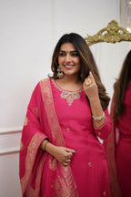 The52 Gajri Women's Gorgeous Embroidered Viscose Chanderi Fabric Straight Kurta Pant with Dupatta Set | Grocsy