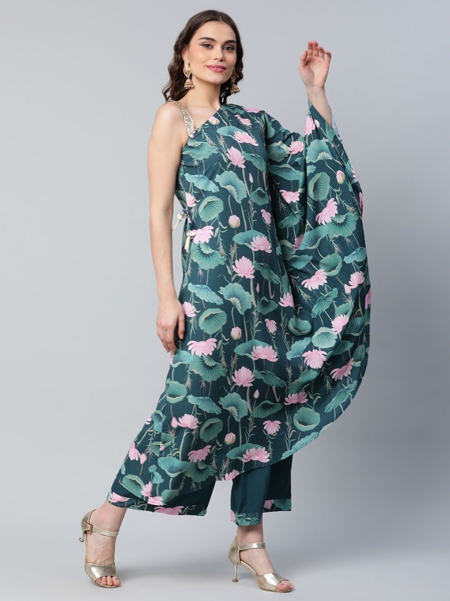 Ahalyaa Women Green Crepe Floral Printed Kurta with Palazzo Set | Grocsy