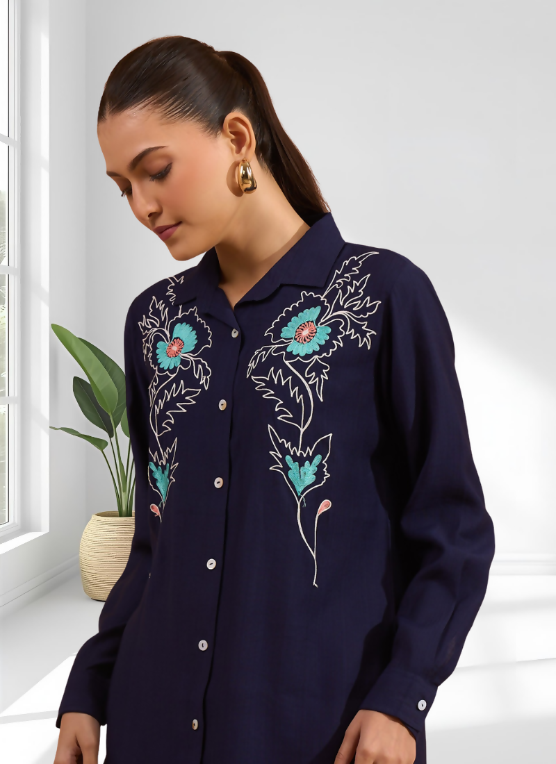 Joban Fashion Navy Blue Silk Embroidered Readymade Cord Set | Grocsy