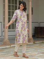 Aramya Straight Linen Cotton Floral Print Women's Kurta - Off White | Grocsy