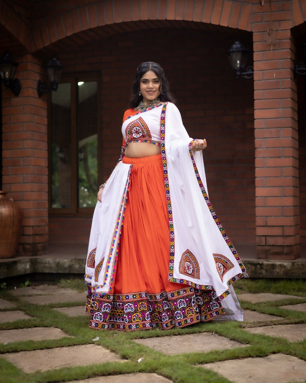 Yash Enterprise Orange White Rayon Cotton Embroidery Semi Stitched Navratri Top Chaniya Choli | Grocsy