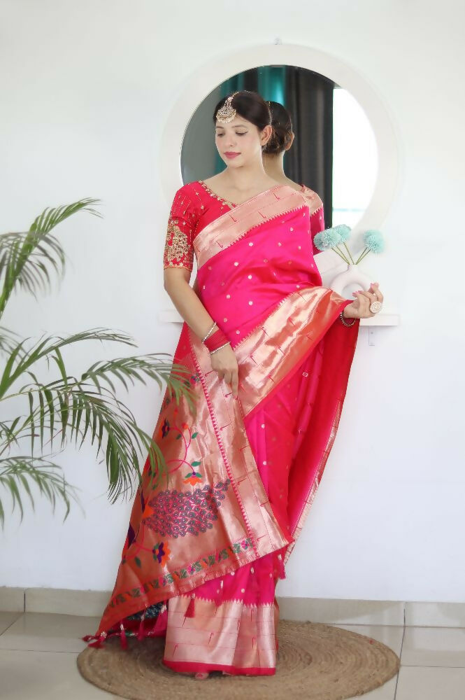 Pink Woven Jacquard Designer Embroidery Work Party Wear Saree - Parampara | Grocsy
