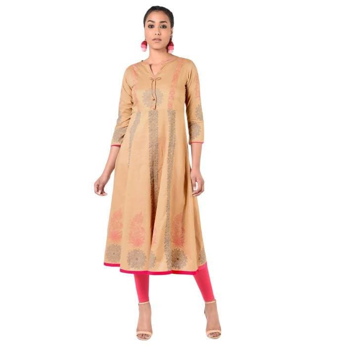 Aniyah Cotton Floral Print Anarkali Kurta In Beige (AN-165K) | Grocsy