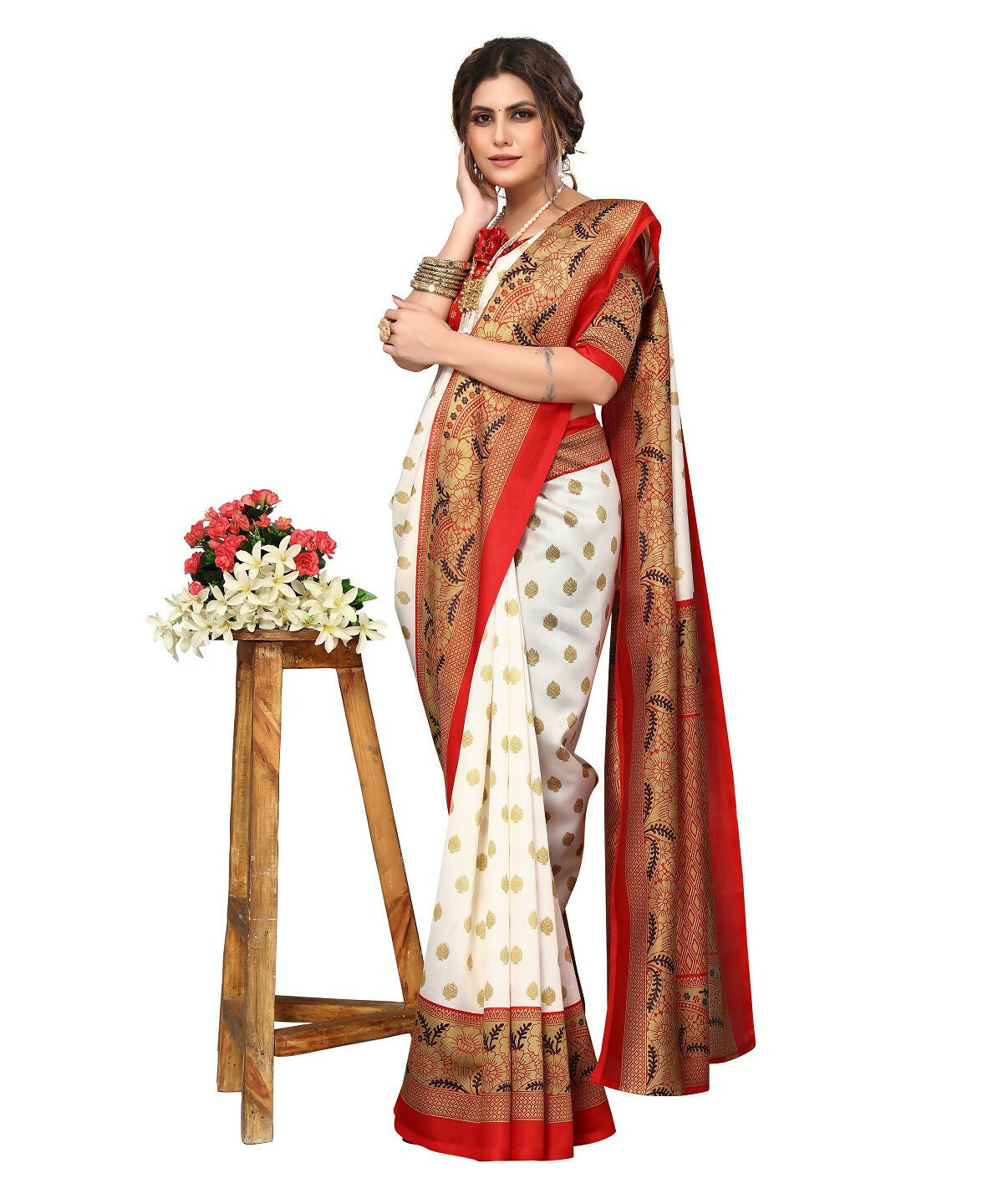 Vamika white & red Printed Art Silk Saree | Grocsy