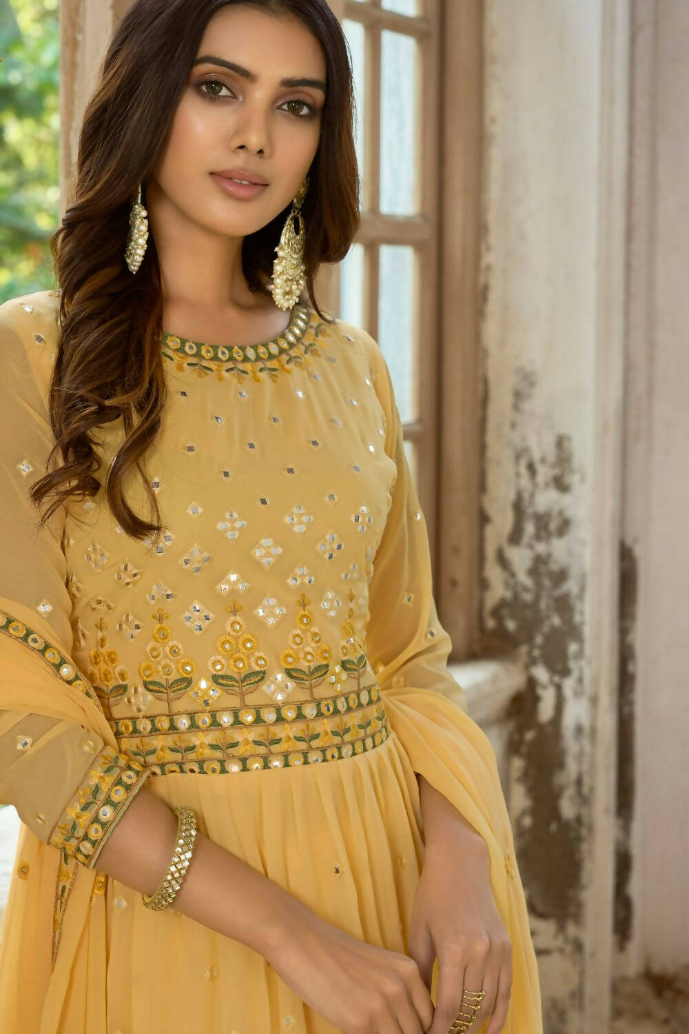 Yellow Heavy Fox Georgette Embroidered Semi Stitched Suit - Dhvani | Grocsy