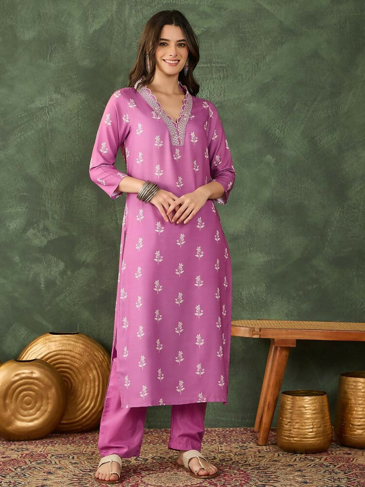 The52 Women's Gorgeous Rayon Fabric Printed Work Straight Kurta Pant and Dupatta Set | Grocsy
