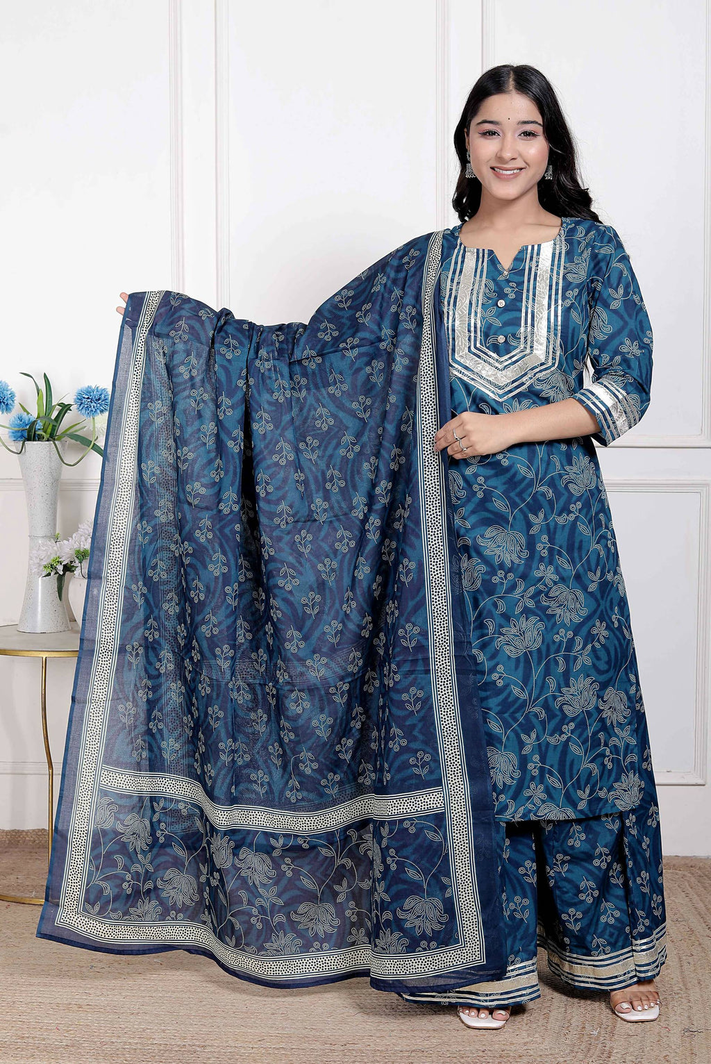Miravan Women's Gota Patti Cotton Kurta Paired with Palazzo and Dupatta | Grocsy