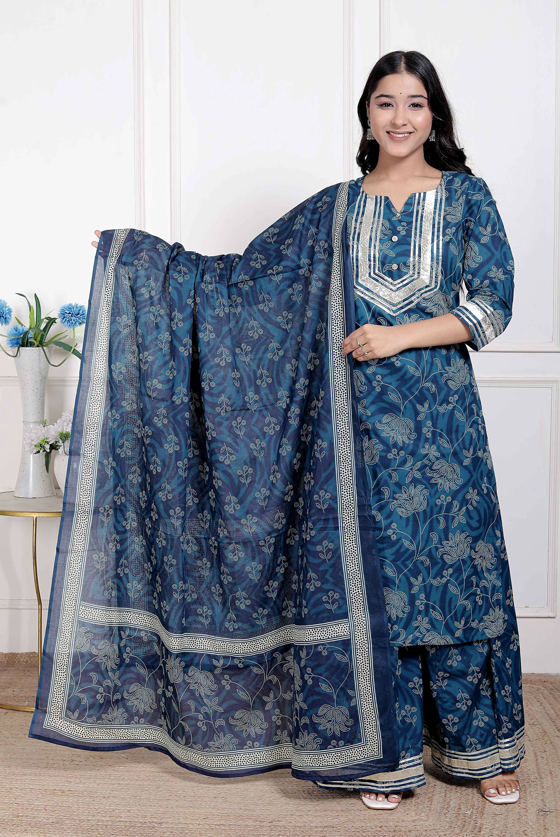 Miravan Women's Gota Patti Cotton Kurta Paired with Palazzo and Dupatta | Grocsy