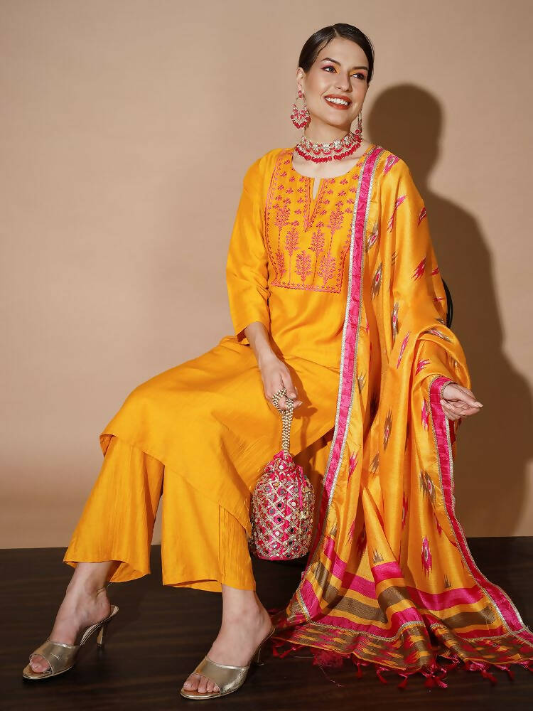 Myshka Women Mustard Solid Kurta & Palazzos With Dupatta | Grocsy