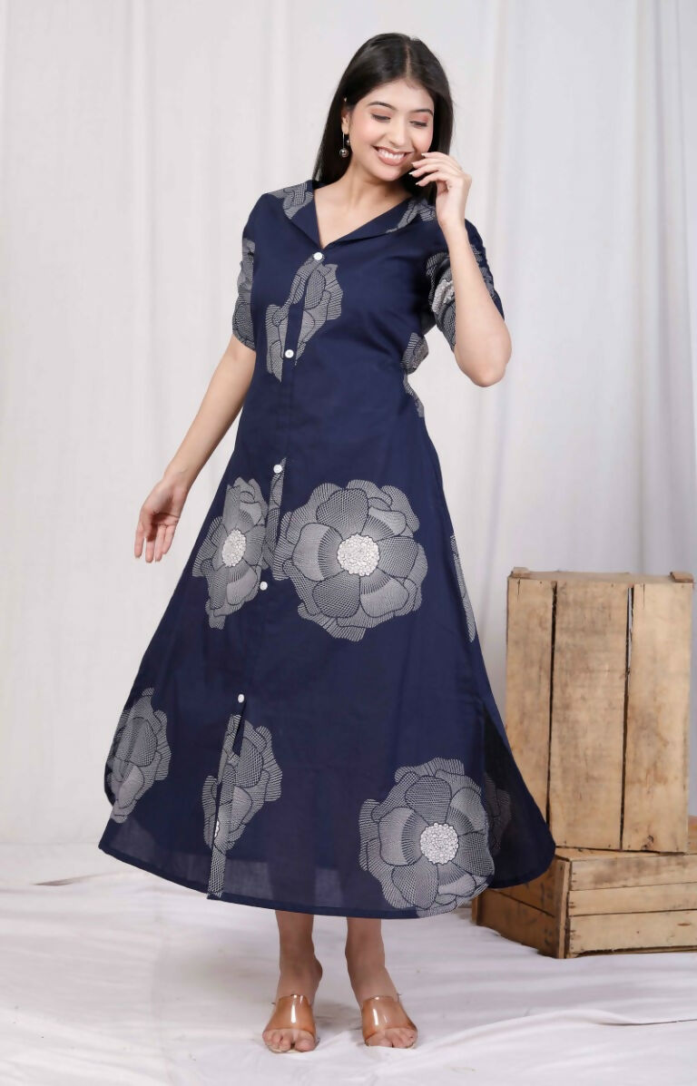 Miravan Women's Blue Floral Printed Front Buttoned A-Line Maxi Dress | Grocsy