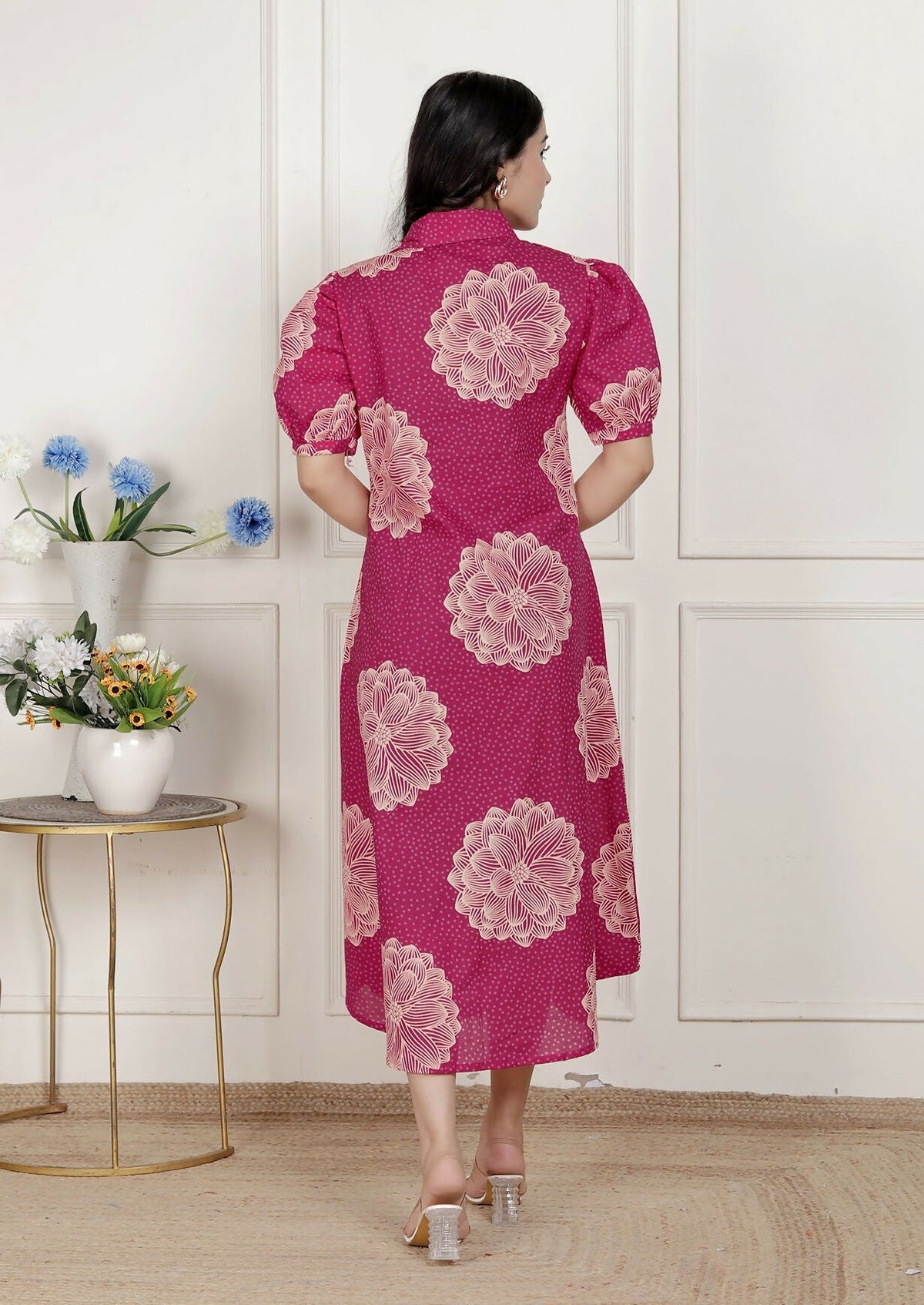 Miravan Womens Pink Printed Collar Neck Short Puff Sleeves Cotton A-Line Maxi Dress | Grocsy
