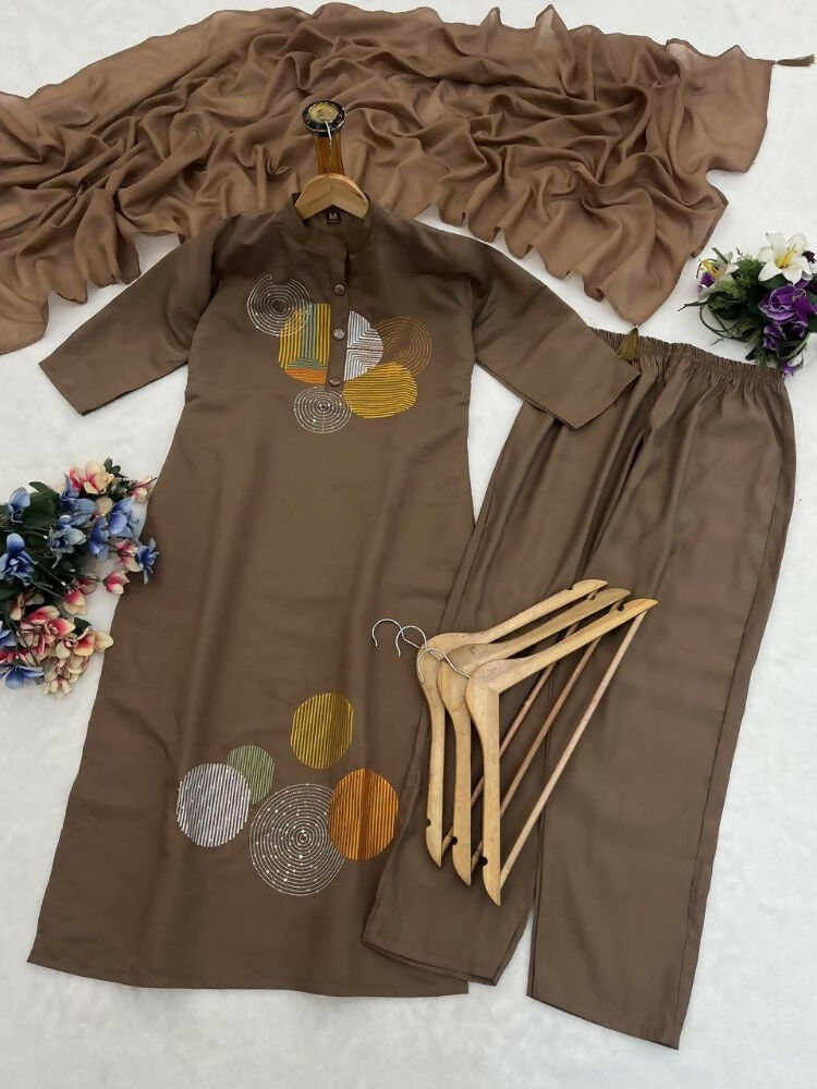 Teeya Creation Women Brown Geometric Embroidered Straight Kurta with Pants and Dupatta Set | Grocsy