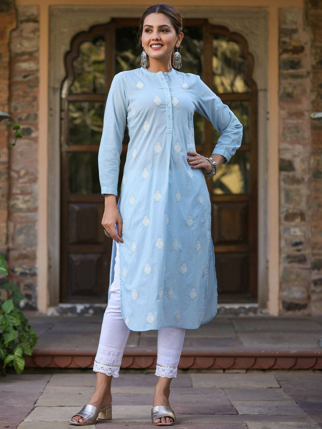 Juniper Women's Blue Cambric Embroidered Straight Kurta | Grocsy