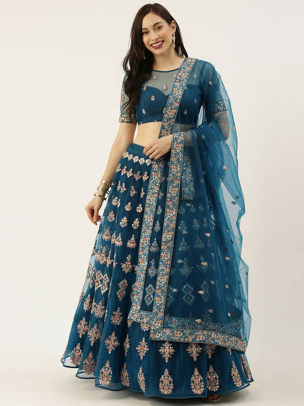 House of Panchhi Teal Net Semi stitched Mirror and Coding Work Lehenga Choli | Grocsy