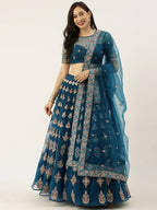 House of Panchhi Teal Net Semi stitched Mirror and Coding Work Lehenga Choli | Grocsy