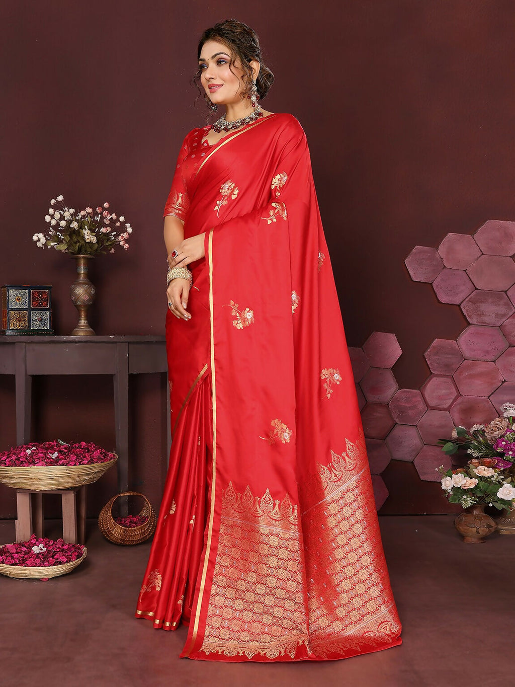 Joban Fashion Red Floral Banarasi Silk Sarees | Grocsy
