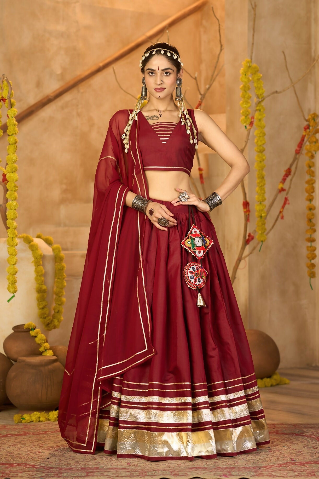 AI Fashion Maroon Silk Crepe Designer Navratri Wear Lehenga Choli Collection | Grocsy