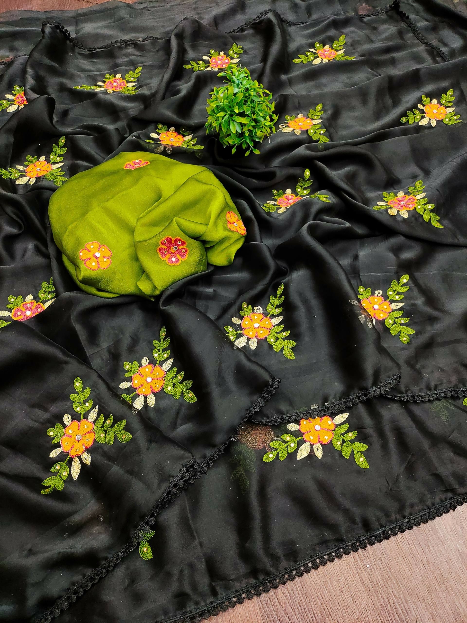 Teeya Creation Black Rangoli Silk Embroidery Work Party Wear Designer Saree | Grocsy