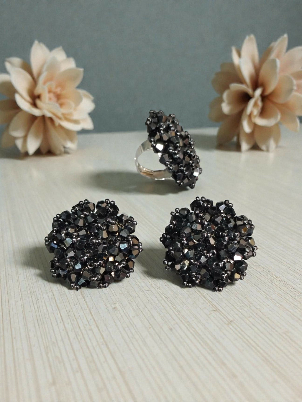 Inhanns Rangmani Crystal Duo – Adjustable Ring + Statement Earrings Set - Black | Grocsy