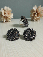 Inhanns Rangmani Crystal Duo – Adjustable Ring + Statement Earrings Set - Black | Grocsy