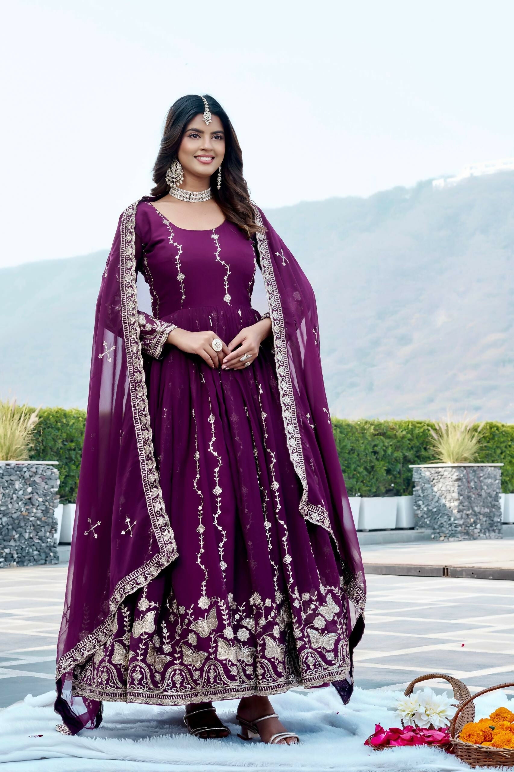 Teeya Creation Womens New Trendy Heavy Cording Sequence & Beads Embroidery Work Purple Gown Set | Grocsy