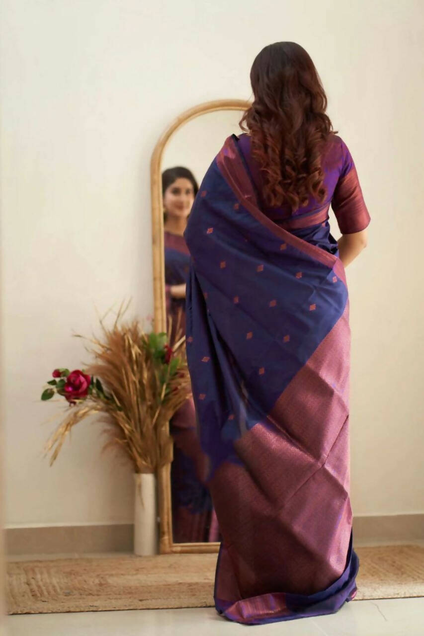 DEIANA'S Beautiful Designer Golden zari Soft Lichi Silk Saree - Navy Blue | Grocsy