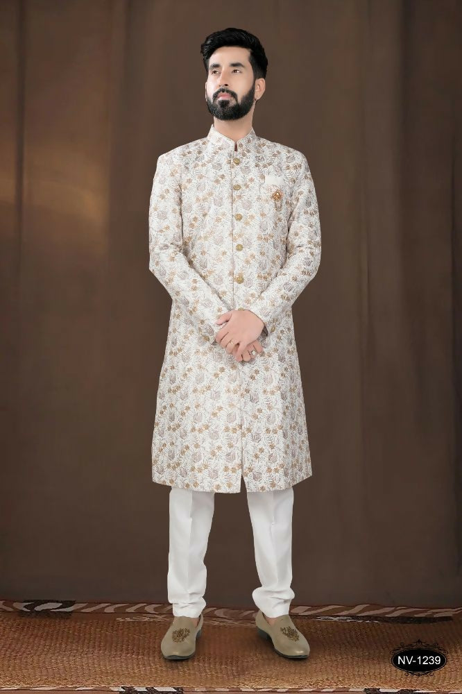 Joban Fashion Men's Off-White Base Silk Kurta with Pyjama | Grocsy