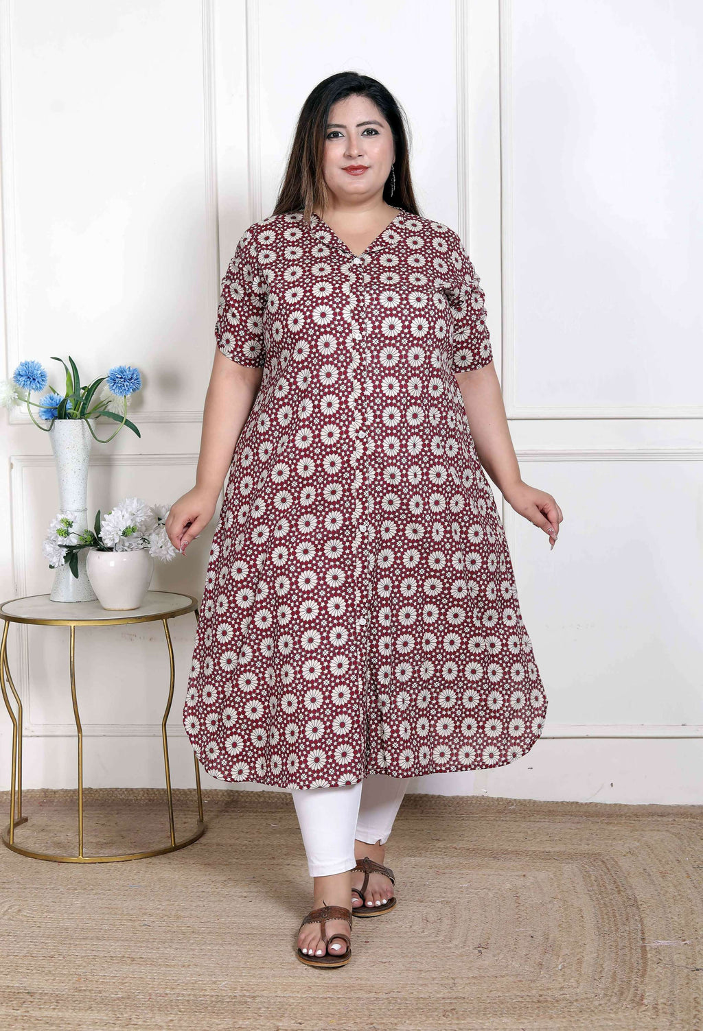 Miravan Women's Plus Size Cotton Floral Printed Cream A-Line Kurta with Buttons | Grocsy