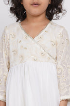 Little Bansi Girls Cotton Floral Embroidery & Lacework Kurta with Sharara & Dupatta - White | Grocsy