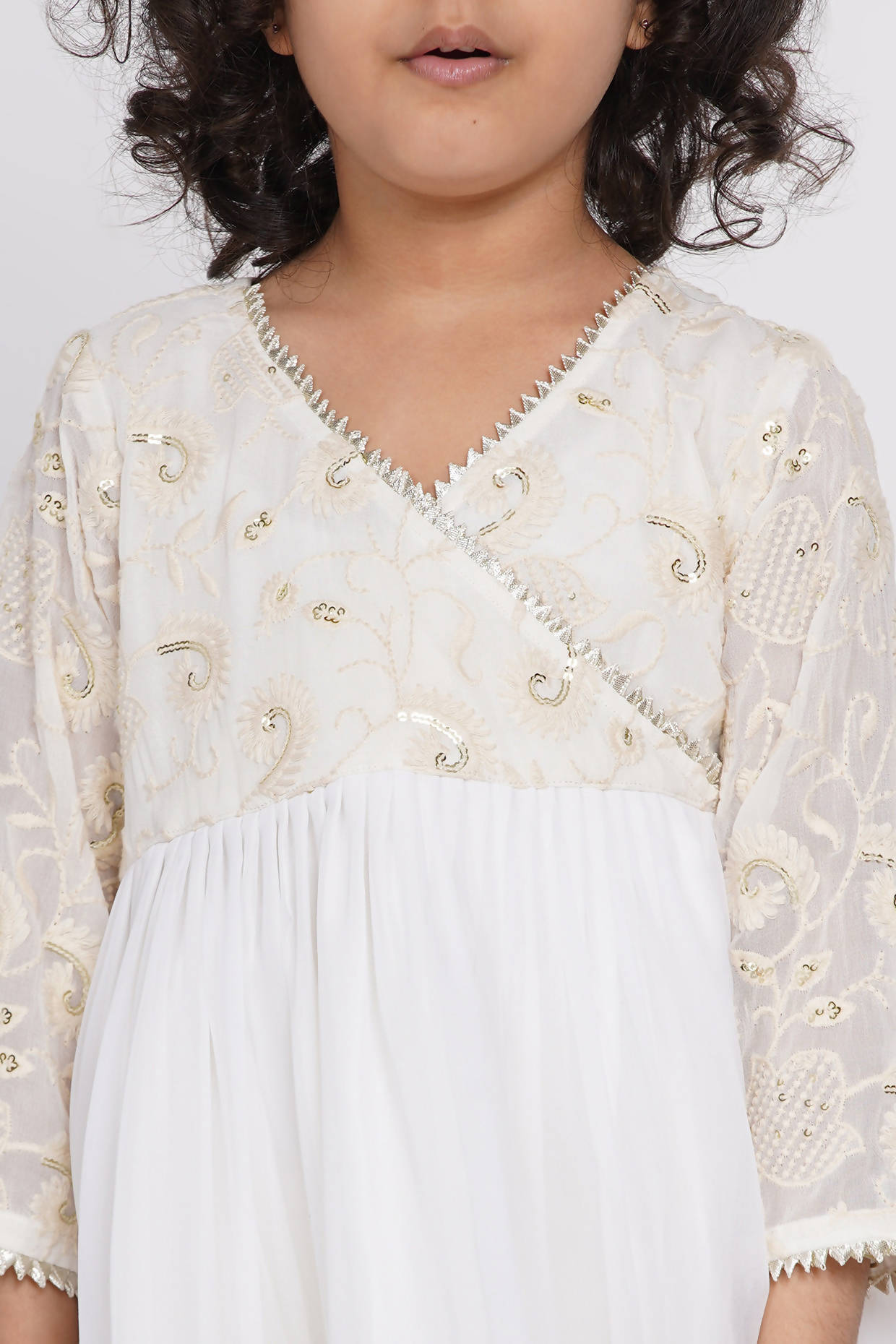 Little Bansi Girls Cotton Floral Embroidery & Lacework Kurta with Sharara & Dupatta - White | Grocsy