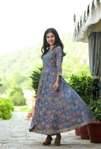 Yufta Women Blue Floral Yoke Design Regular Aari Work Pure Cotton Kurta with Trouser & With Dupatta | Grocsy